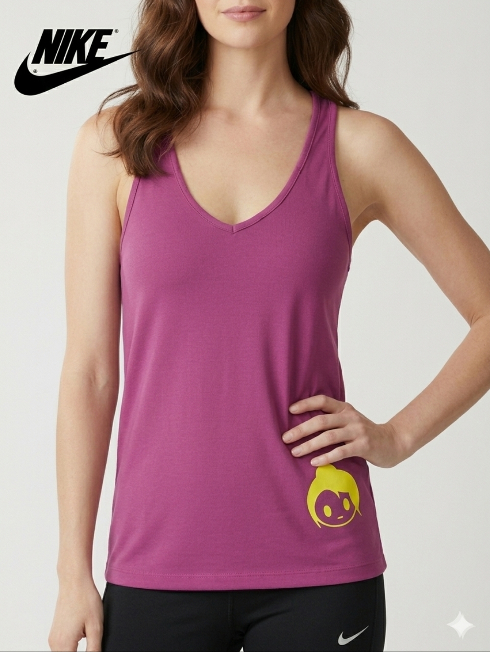 🟣 Sz S Nike Sporty Loose Fit Exercise Tank Top - Pink with Yellow Graphic